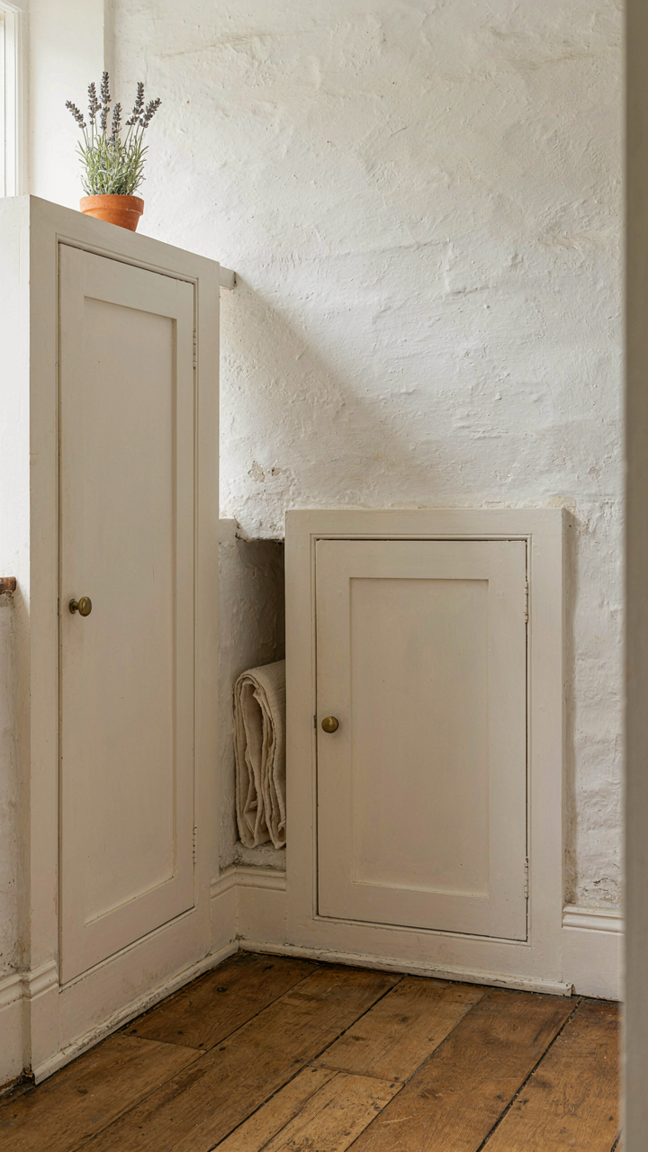A simple English cottage built-in corner cupboard for utility.