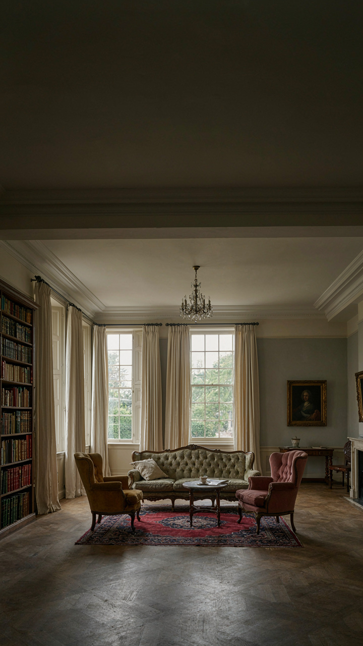 An antique sofa and wingback chairs create a cozy zone in a large room.
