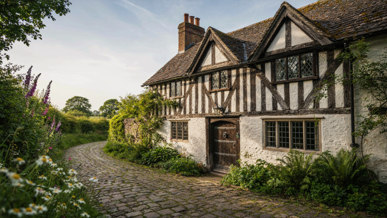 A charming English Tudor cottage with half-timbering, leaded glass windows, and a steep roof.