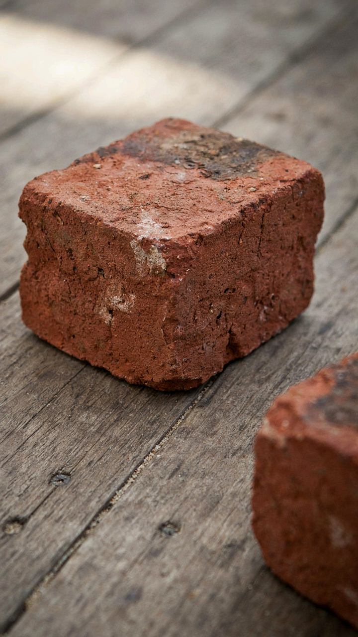 Close-up of handmade brick with visible darkening and natural patina.