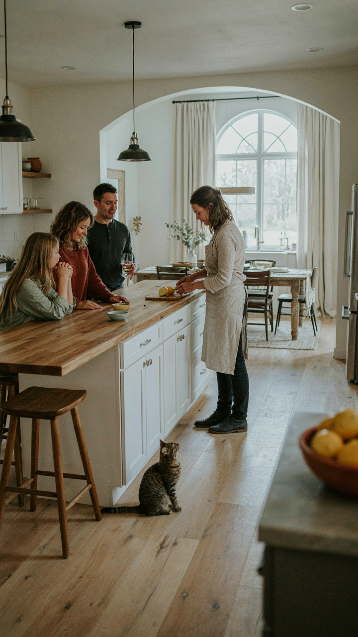 A modern farmhouse kitchen island where guests are gathered, connecting to the dining area.