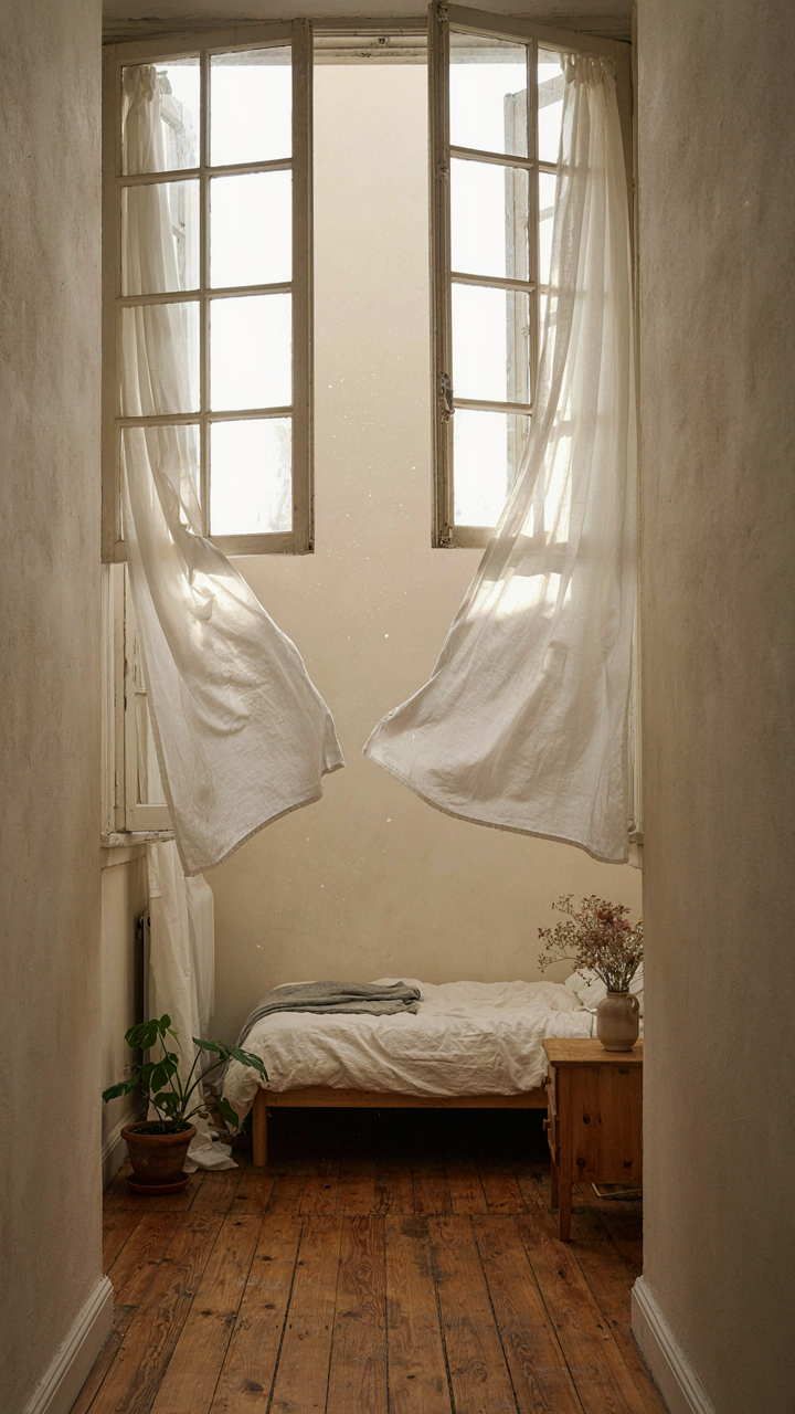Two open windows on opposite walls of a small room, showing good cross-ventilation.