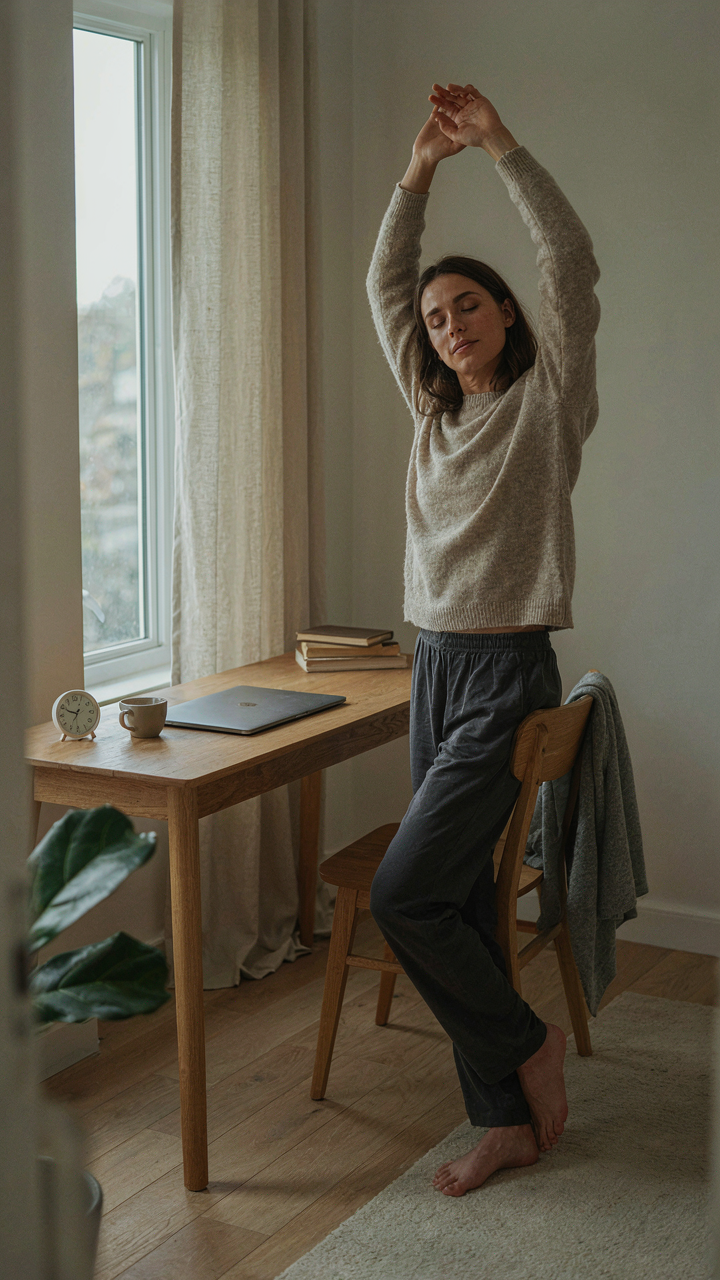 A person stands and stretches next to a wooden desk.