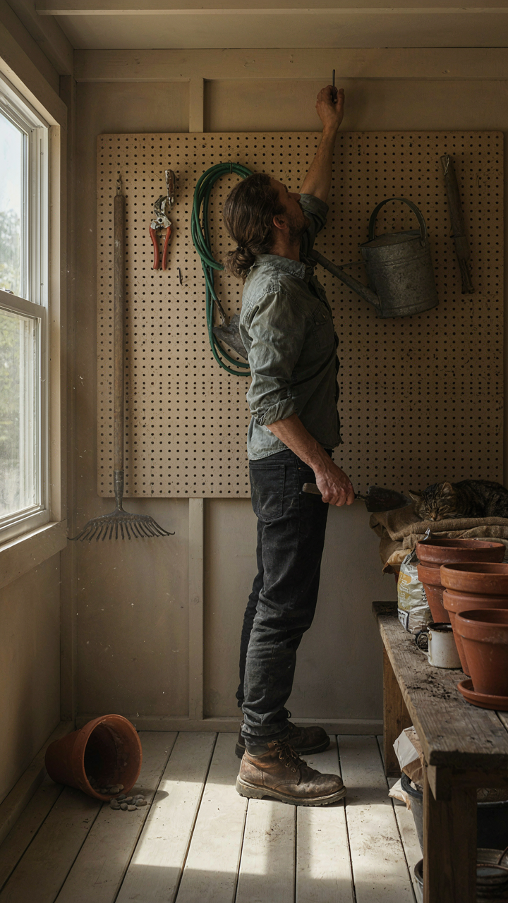 A person reaches for a gardening tool on a pegboard in a garden shed interior.