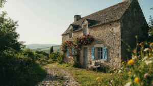 An old stone European cottage with a steep roof and climbing roses.