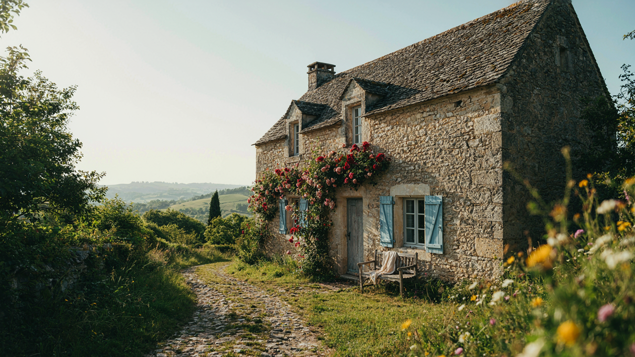 An old stone European cottage with a steep roof and climbing roses.