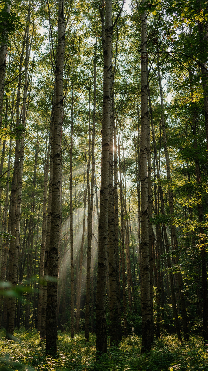 A forest of tall, slender trees with branches reaching upwards.