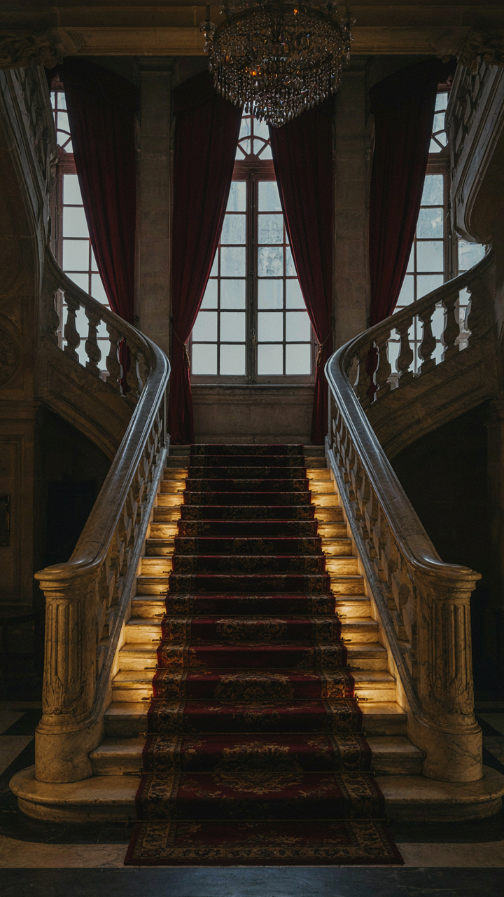A chateau staircase lit by uplights under each step, creating shadows.