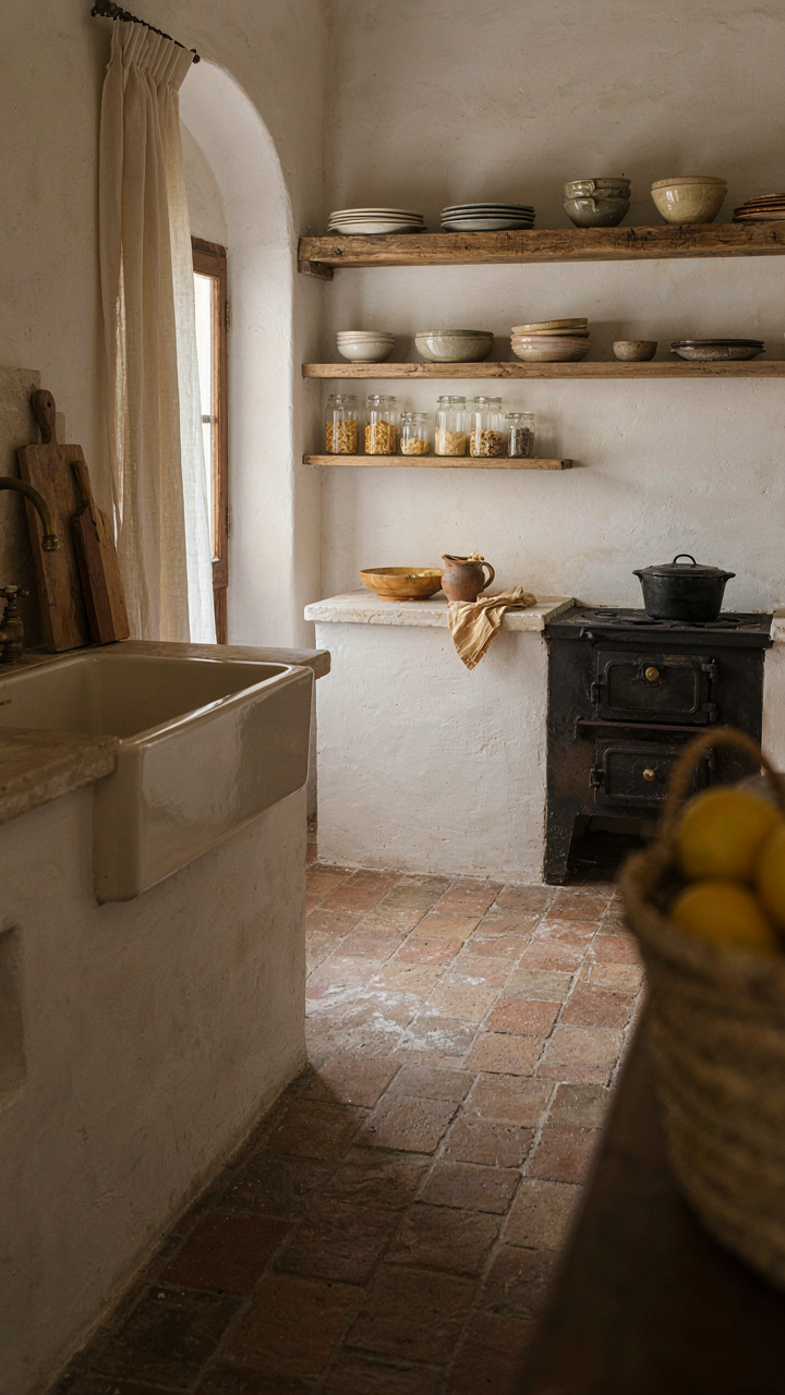 A functional farmhouse kitchen with a sink, prep area, and stove.