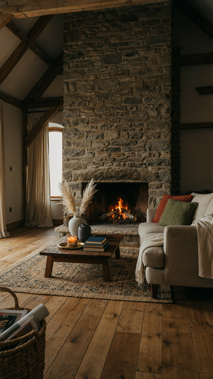 A very large stone fireplace dominates a barn house living room.