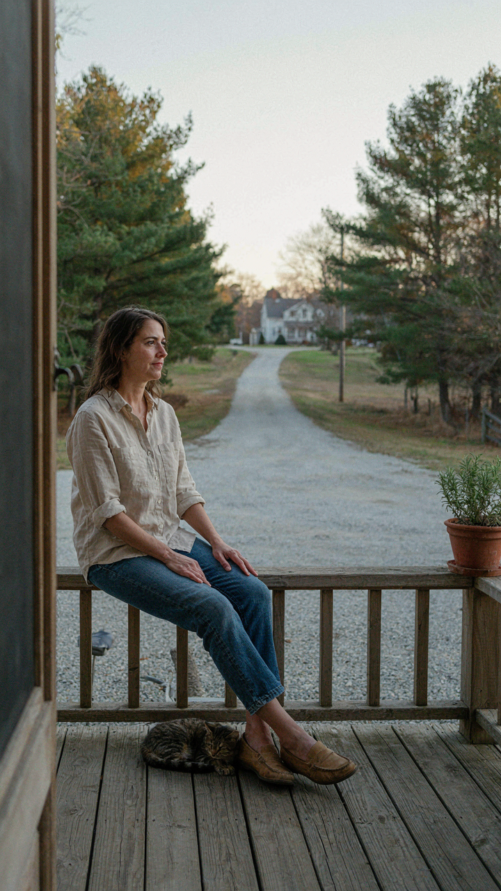 A person sits on a wraparound porch, observing a long driveway approach.
