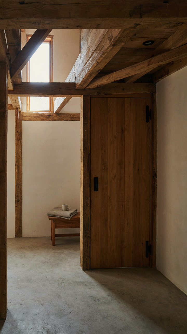 A farm stay cabin interior with exposed timber and concrete floor.