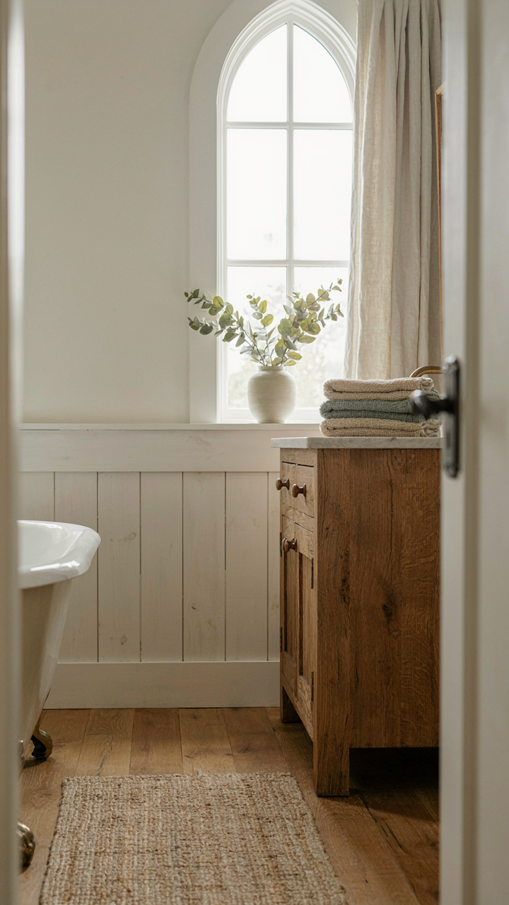 A rustic farmhouse bathroom with a walnut vanity and aged bronze hardware.