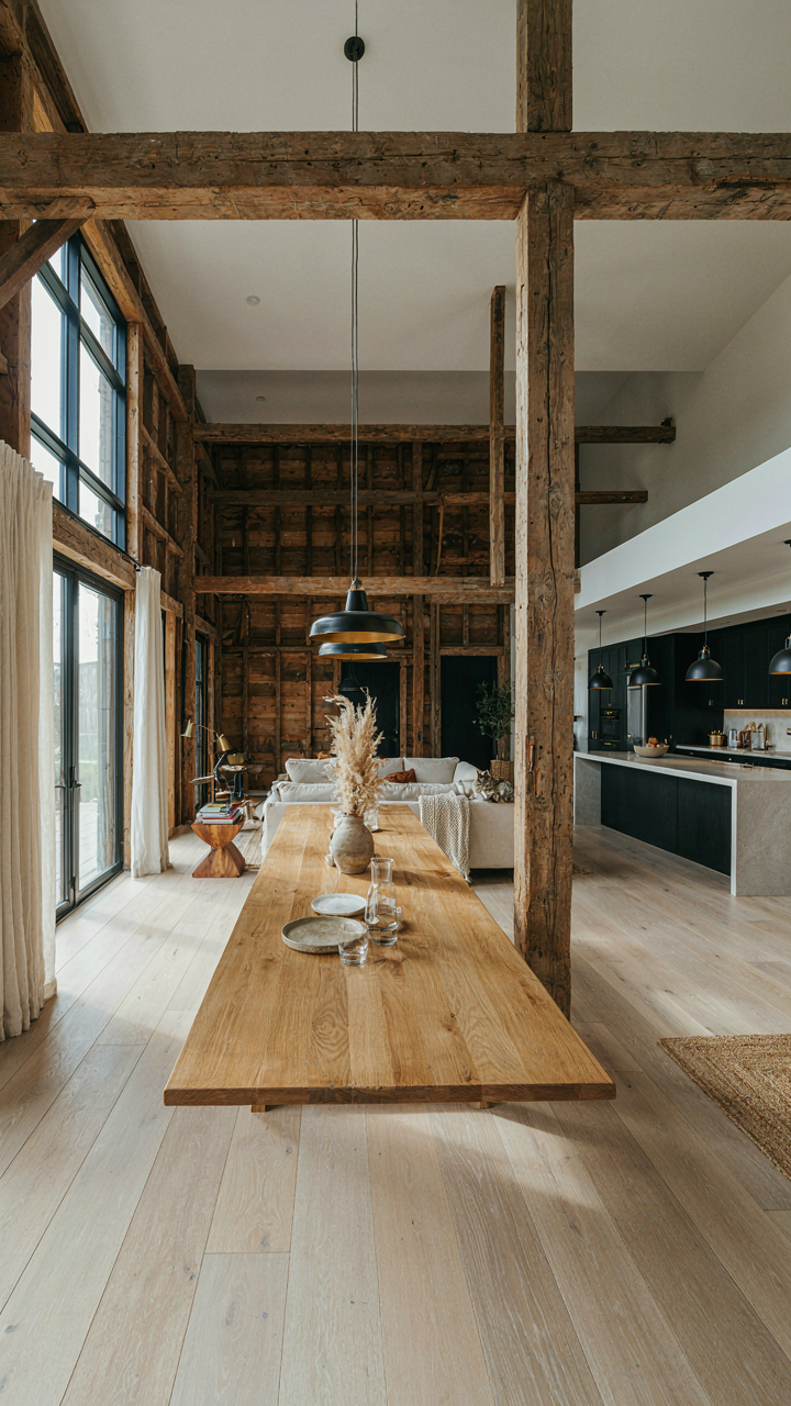 A spacious barndominium interior with visible barn structure and a modern three-bedroom layout.