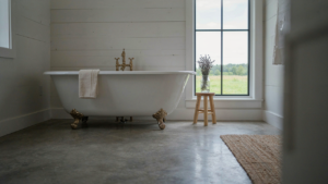 A serene farmhouse bathroom featuring a concrete floor and a classic white clawfoot tub.