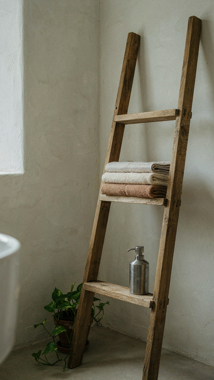 A reclaimed wood ladder rack holds linen towels and a vintage soap dispenser.