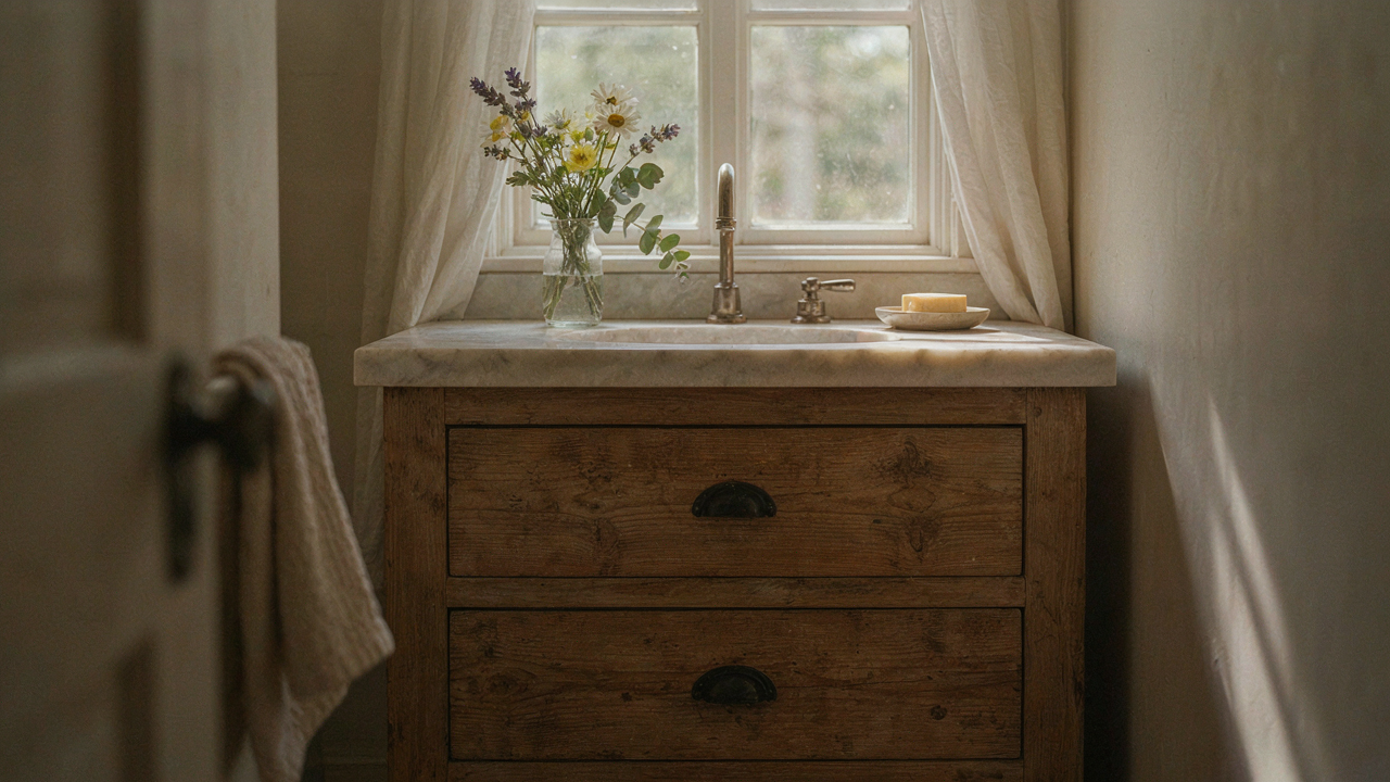 A farmhouse bathroom vanity with a stone top and brushed nickel faucet in bright sunlight.