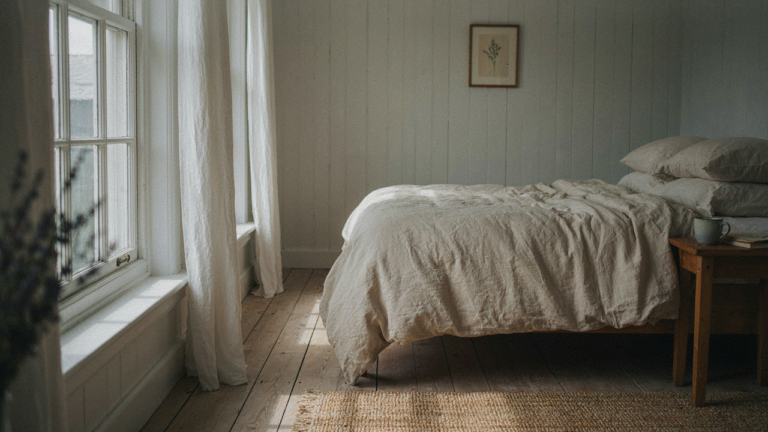 A cozy farmhouse bedroom with a wooden bed, white linens, and warm morning light.