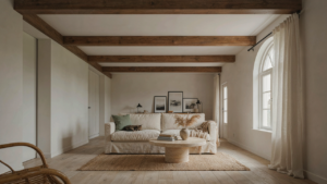 A farmhouse living room with dark wooden ceiling beams stretching across a white ceiling.