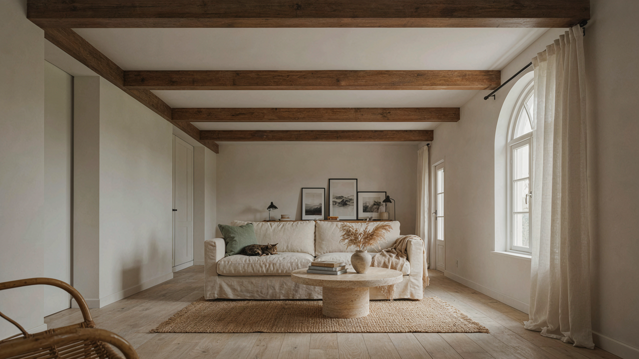A farmhouse living room with dark wooden ceiling beams stretching across a white ceiling.