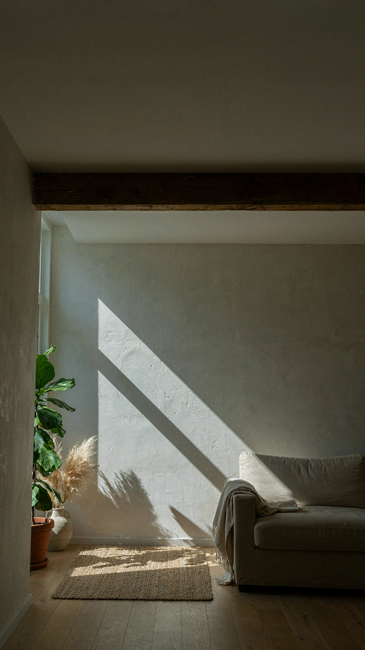 Sunlight casts strong shadow lines from a ceiling beam onto a white wall.