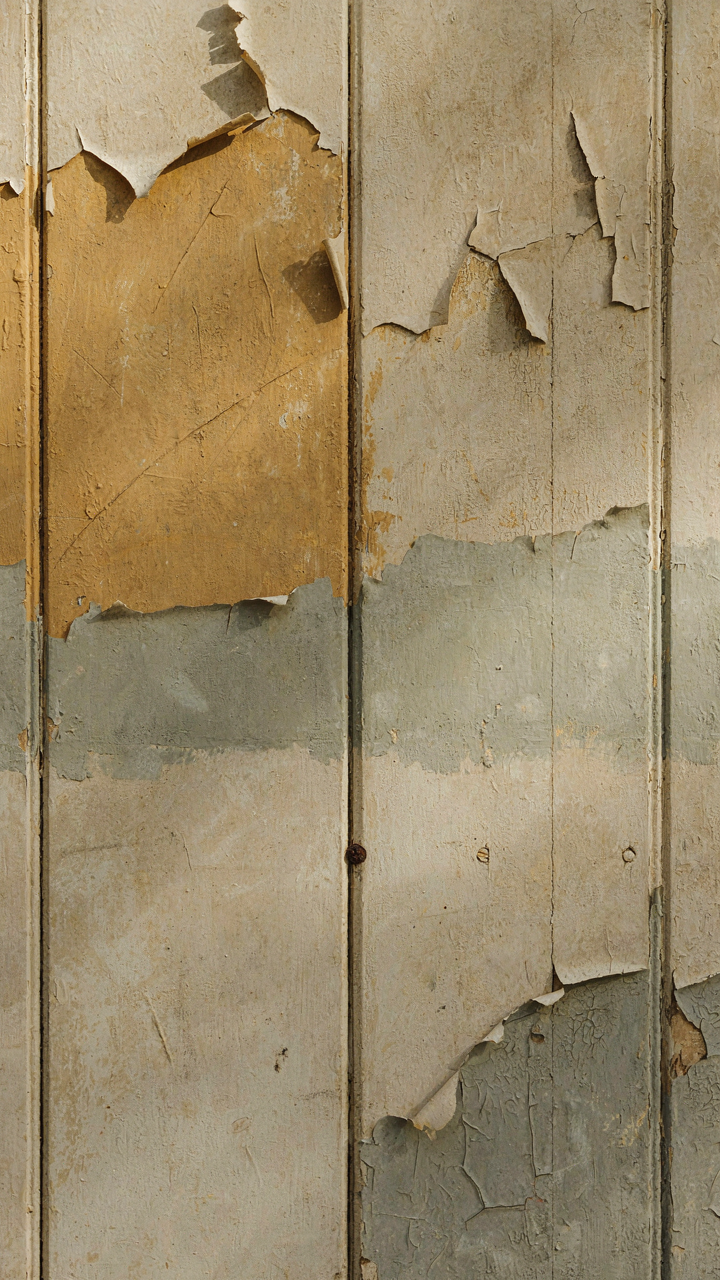 Close-up of an aged farmhouse wall with flaking earthy paint colors.