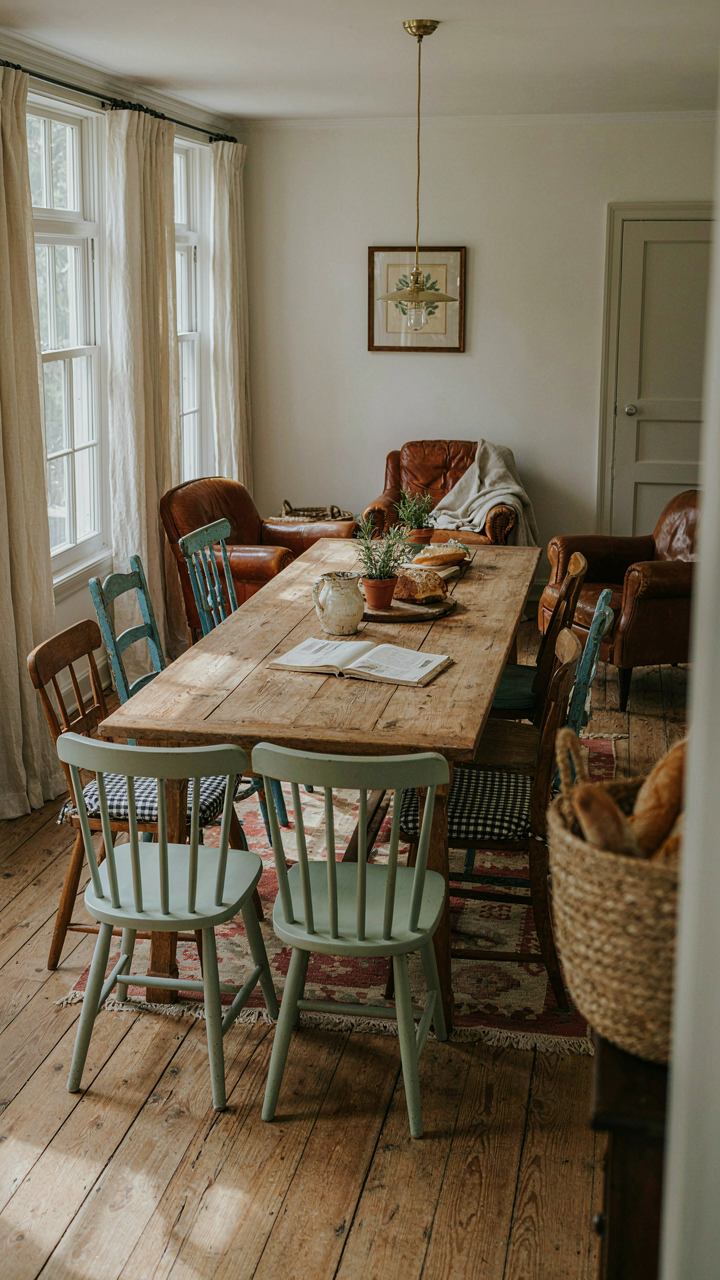An eclectic farmhouse dining room with mismatched chairs and an off-center light.