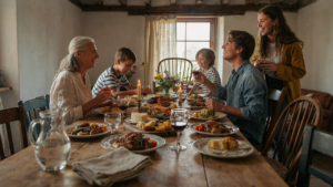 A long farmhouse dining table filled with people enjoying a lively dinner.