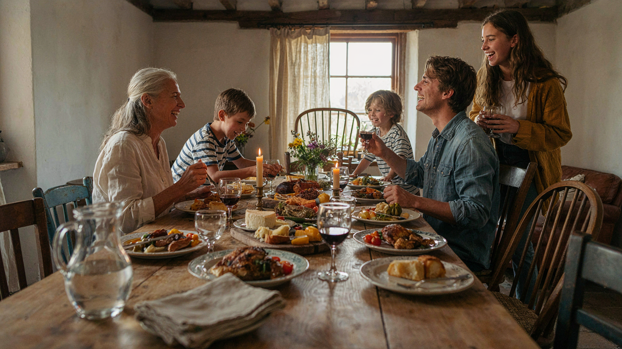 A long farmhouse dining table filled with people enjoying a lively dinner.