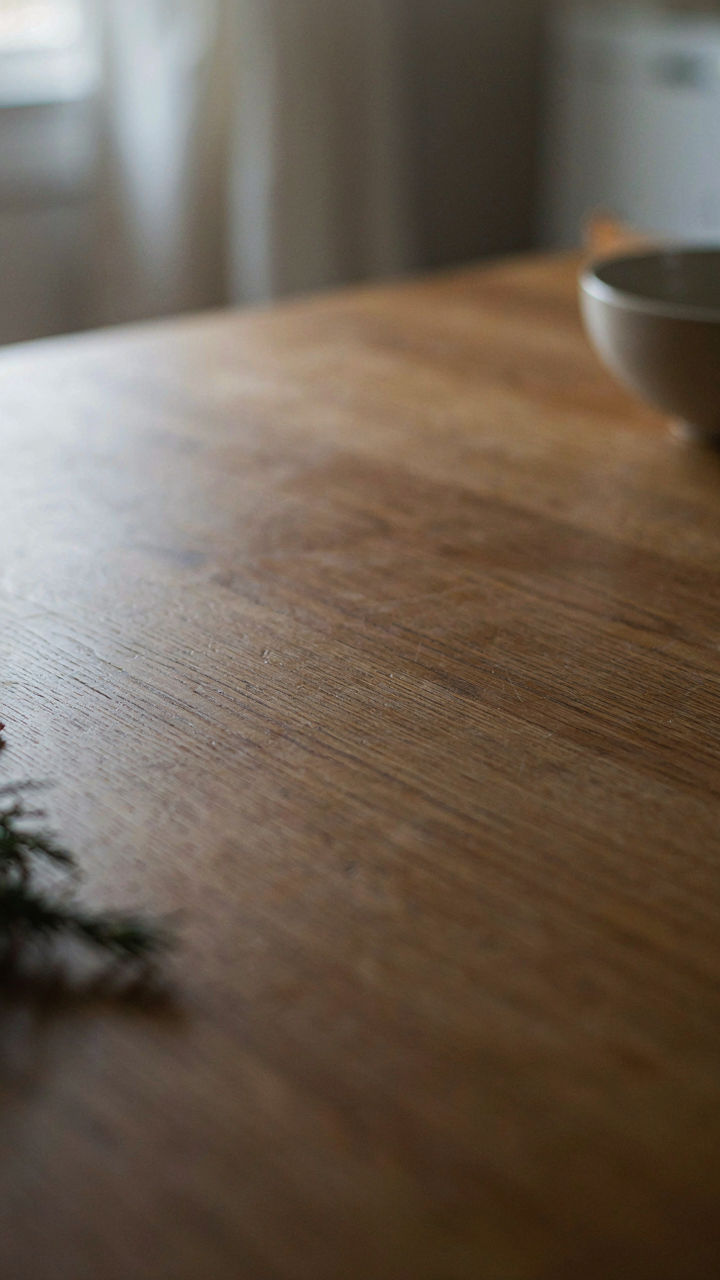 A close up of a durable oak farmhouse table with a smooth, matte finish.