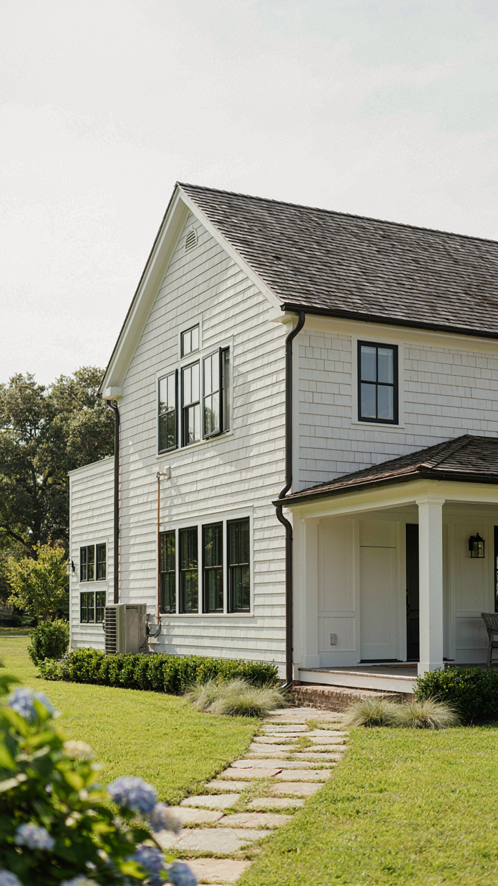 A white farmhouse with integrated heat pump and modern windows.