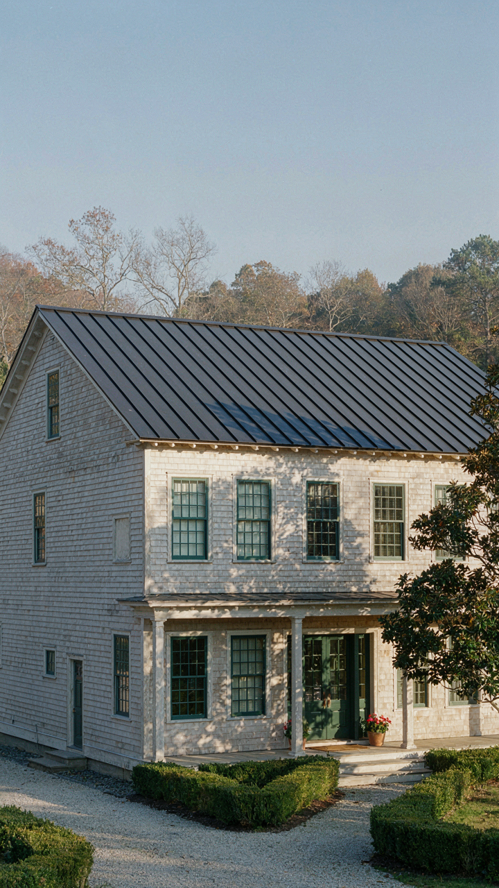 The south side of a farmhouse shows many windows for sun, contrasting with a plain north side.