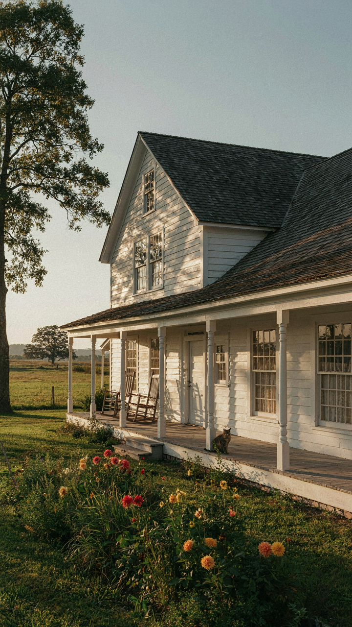 Morning light creates strong shadows on a white farmhouse exterior.