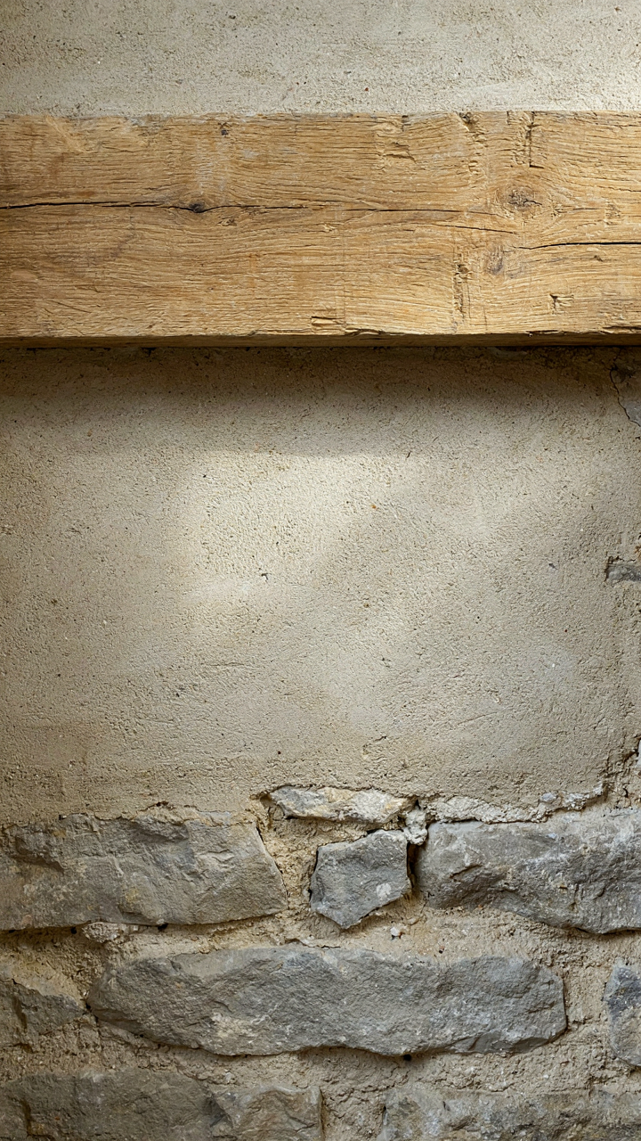 A close-up of a raw wood beam, plaster wall, and visible mortar joints in stone.