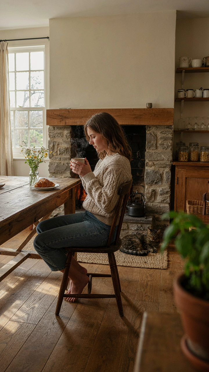 A person drinks coffee by a stone fireplace in a sunny farmhouse kitchen.