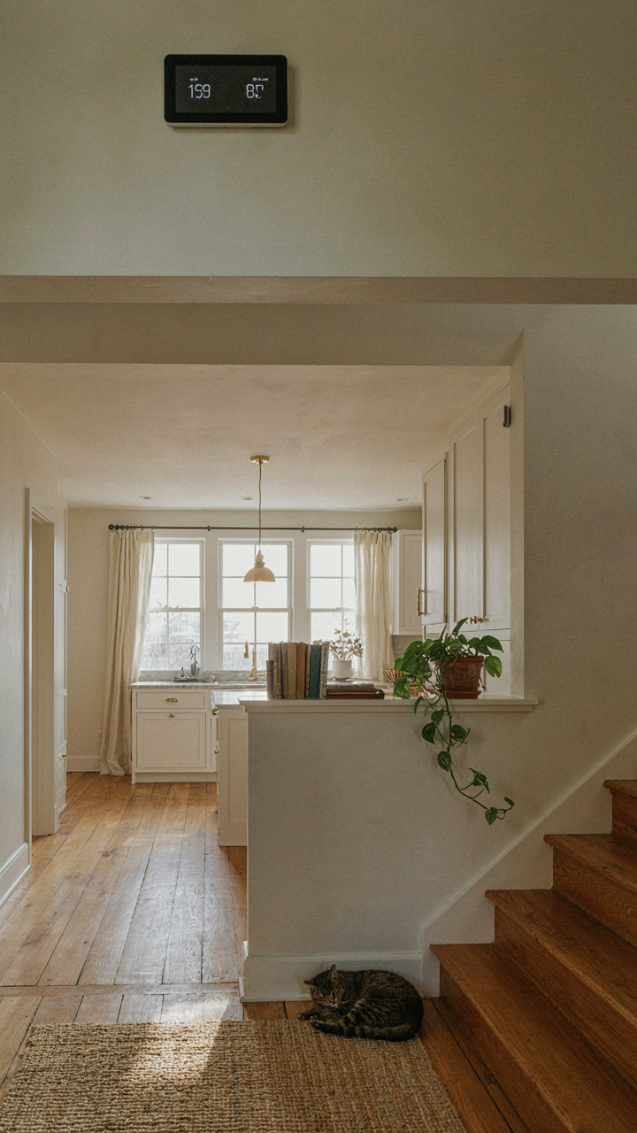 A thermostat showing zoned temperatures in a two story farmhouse interior.