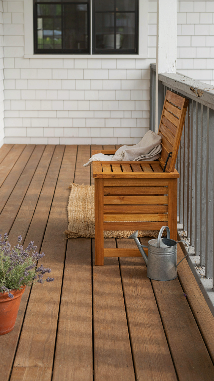Durable composite decking on a farmhouse porch with a slatted storage bench.