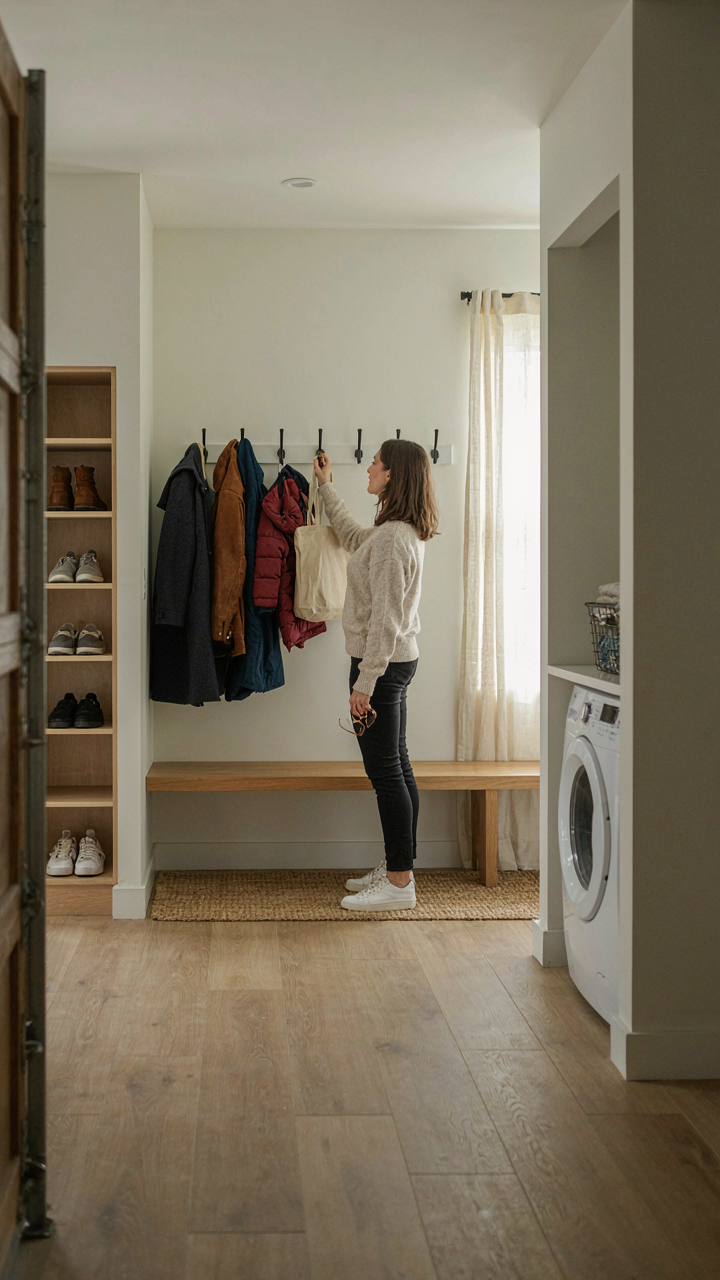 A clean mudroom with hooks, cubbies, and a laundry machine near a garage.