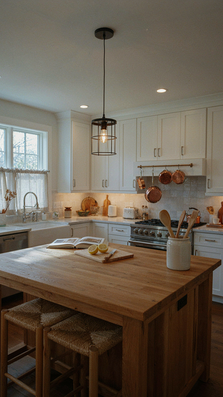 A farmhouse kitchen island with a metal cage pendant light and recessed lighting.