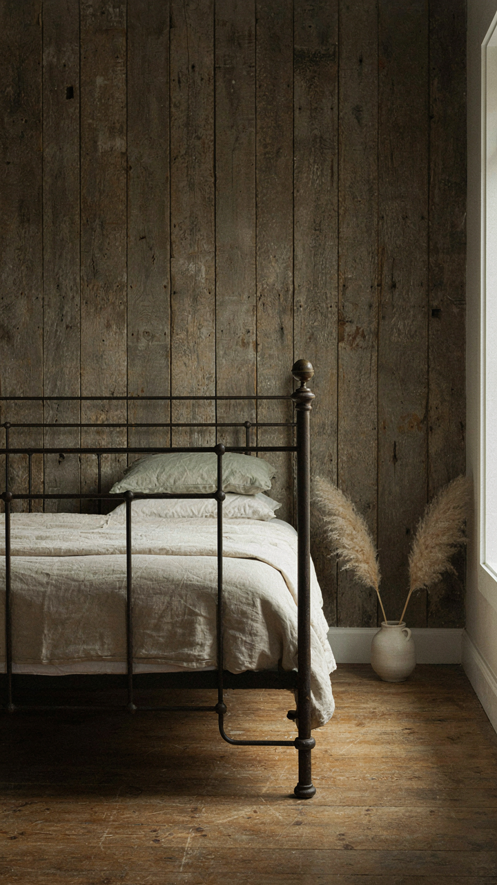 A sturdy hand-forged iron bed frame with a linen duvet stands against a reclaimed wood wall.