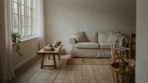 A bright farmhouse living room with light walls and rustic wooden furniture.