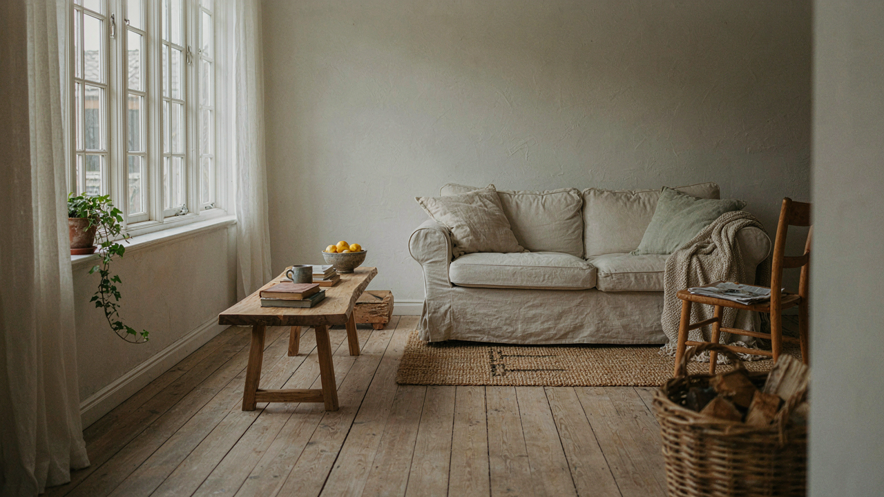 A bright farmhouse living room with light walls and rustic wooden furniture.