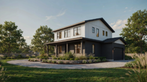 A beautiful modern farmhouse with a garage integrated into its design.