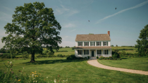 A classic white farmhouse with a wide wraparound porch nestled in green rolling hills.