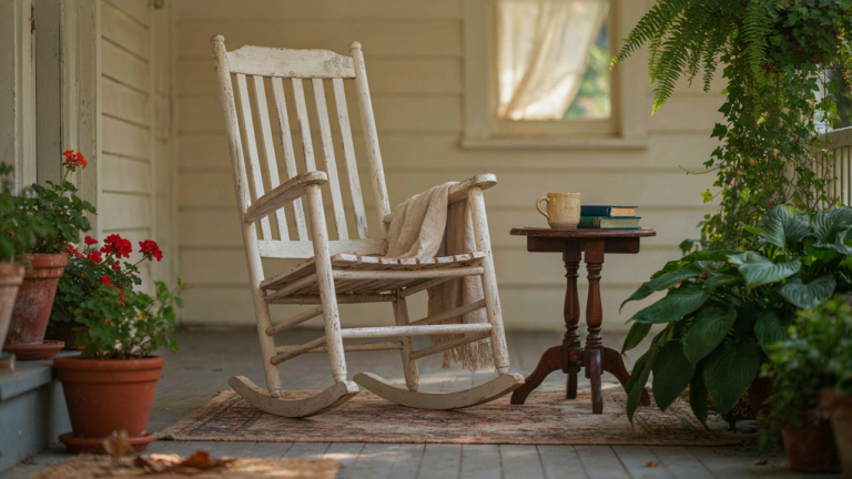 Relaxing farmhouse porch with rocking chair and green plants, bathed in natural sunlight.