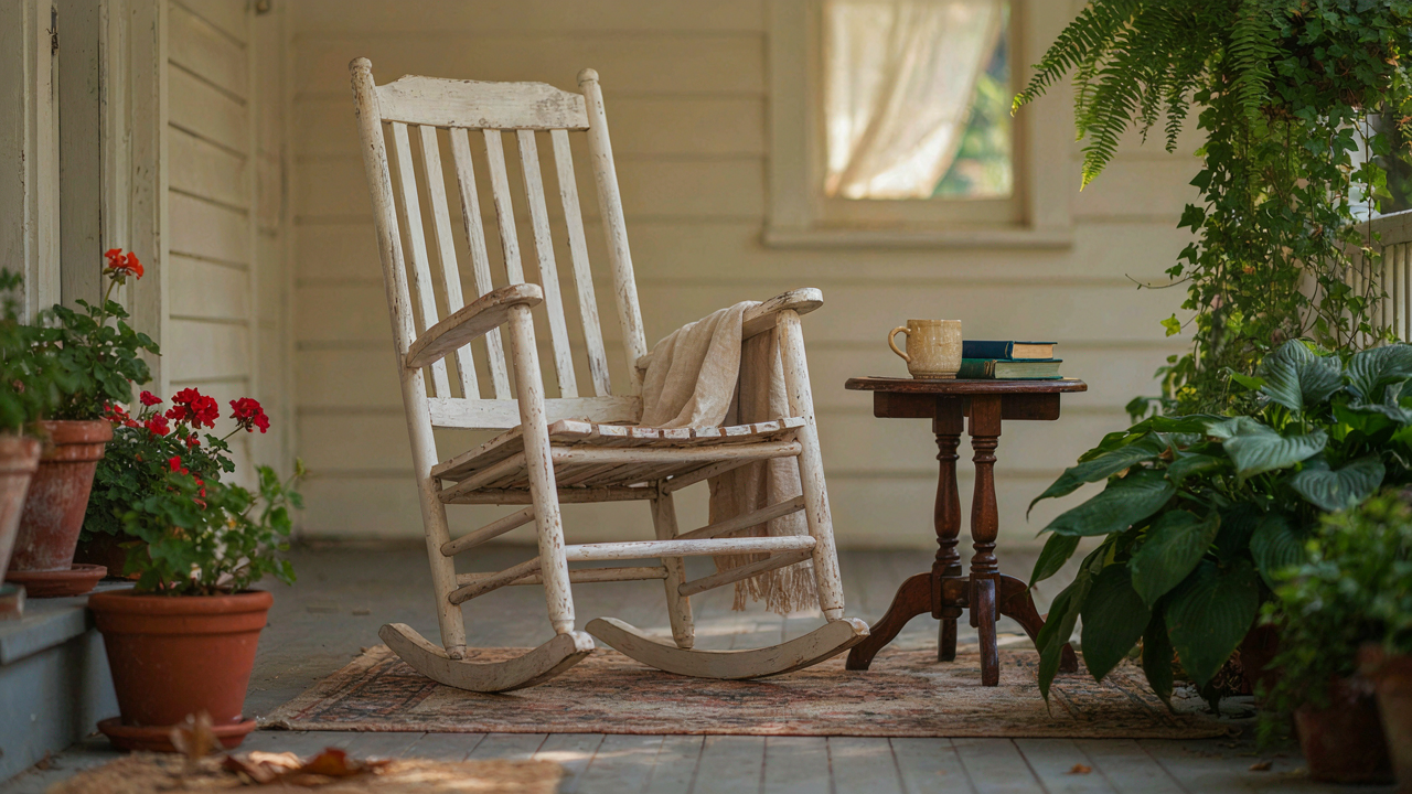 Relaxing farmhouse porch with rocking chair and green plants, bathed in natural sunlight.