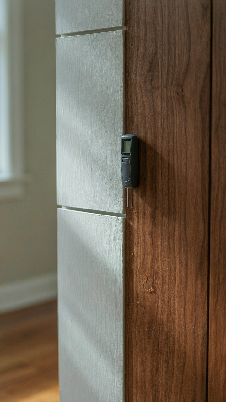 Two shiplap boards, one painted and one stained, with a moisture meter.