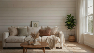 A cozy living room with a white shiplap accent wall, a sofa, and natural light.