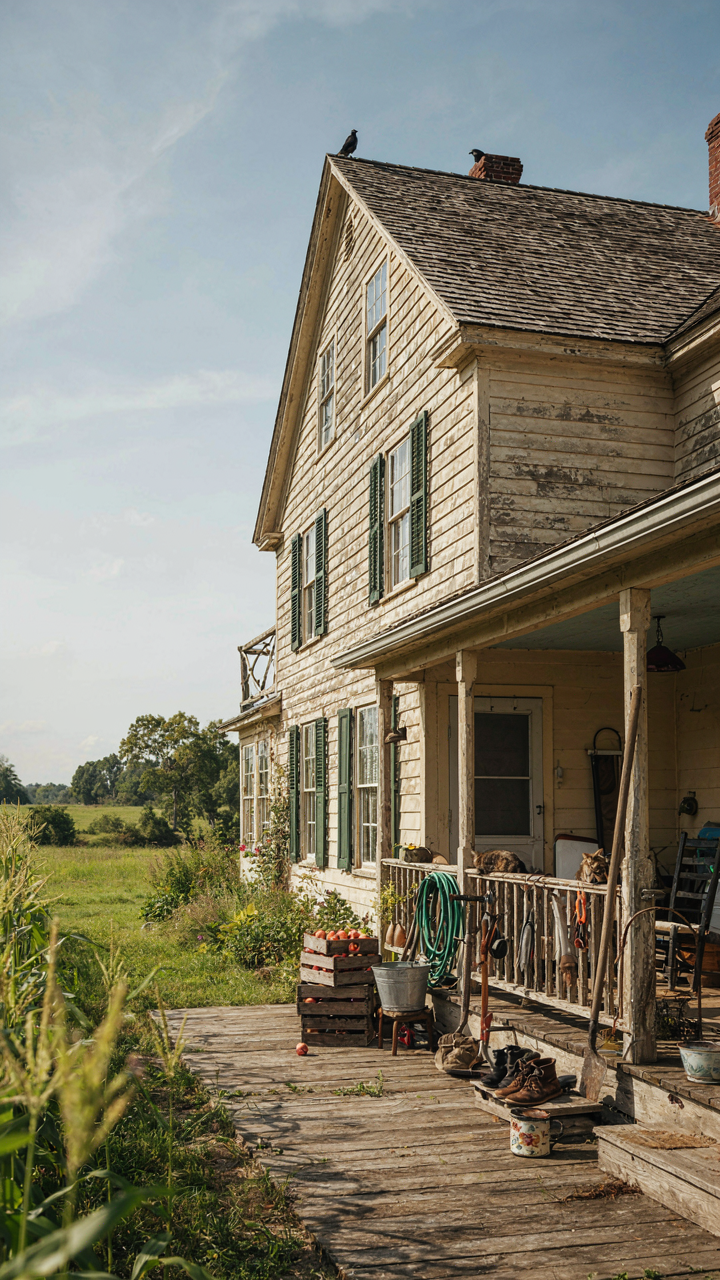 An old, authentic farmhouse with a functional porch and tools.