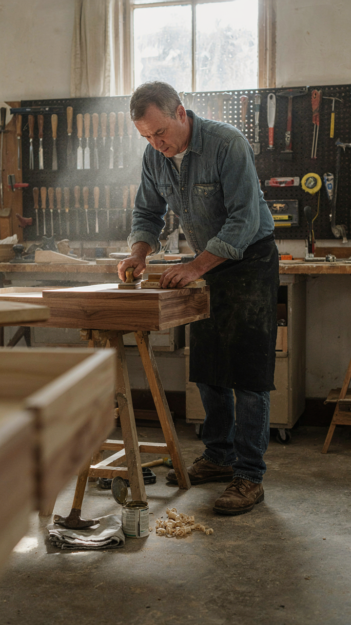 A woodworker sanding a custom-built wooden vanity base in a bright workshop.